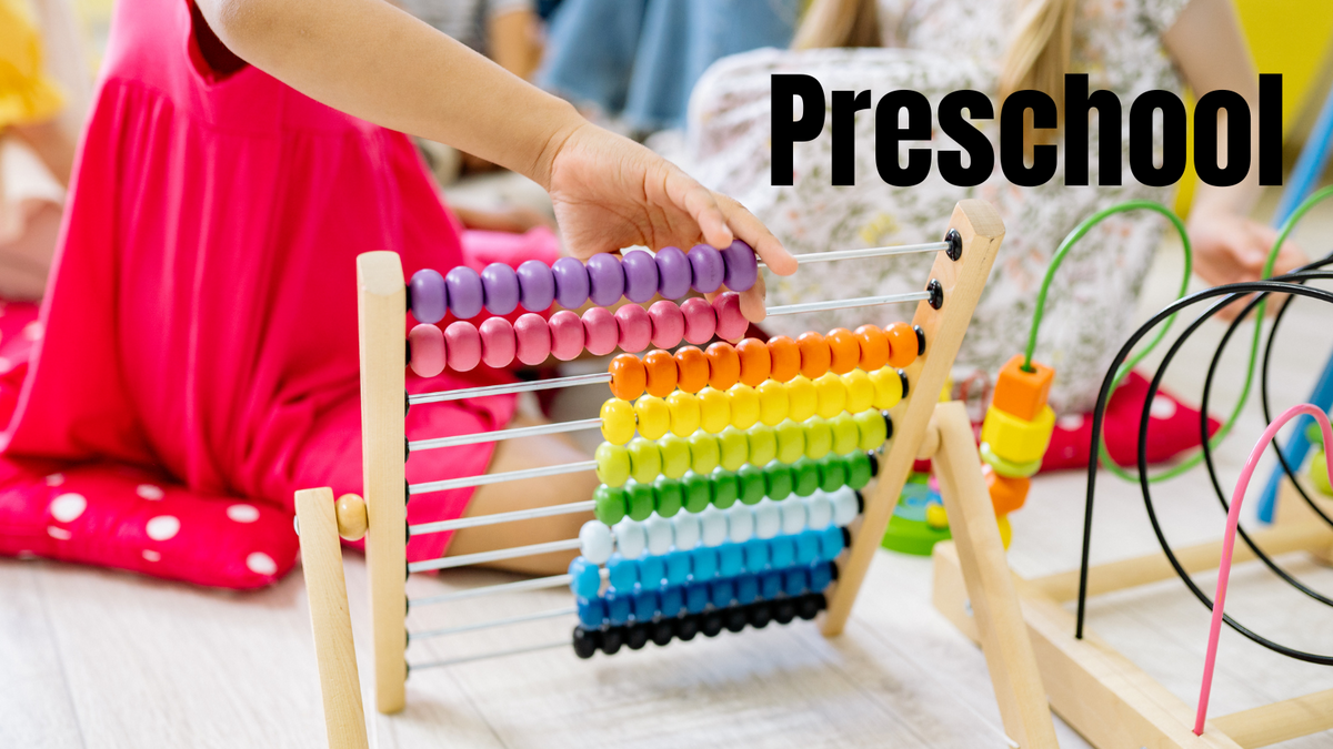 Preschool banner with student playing with beads